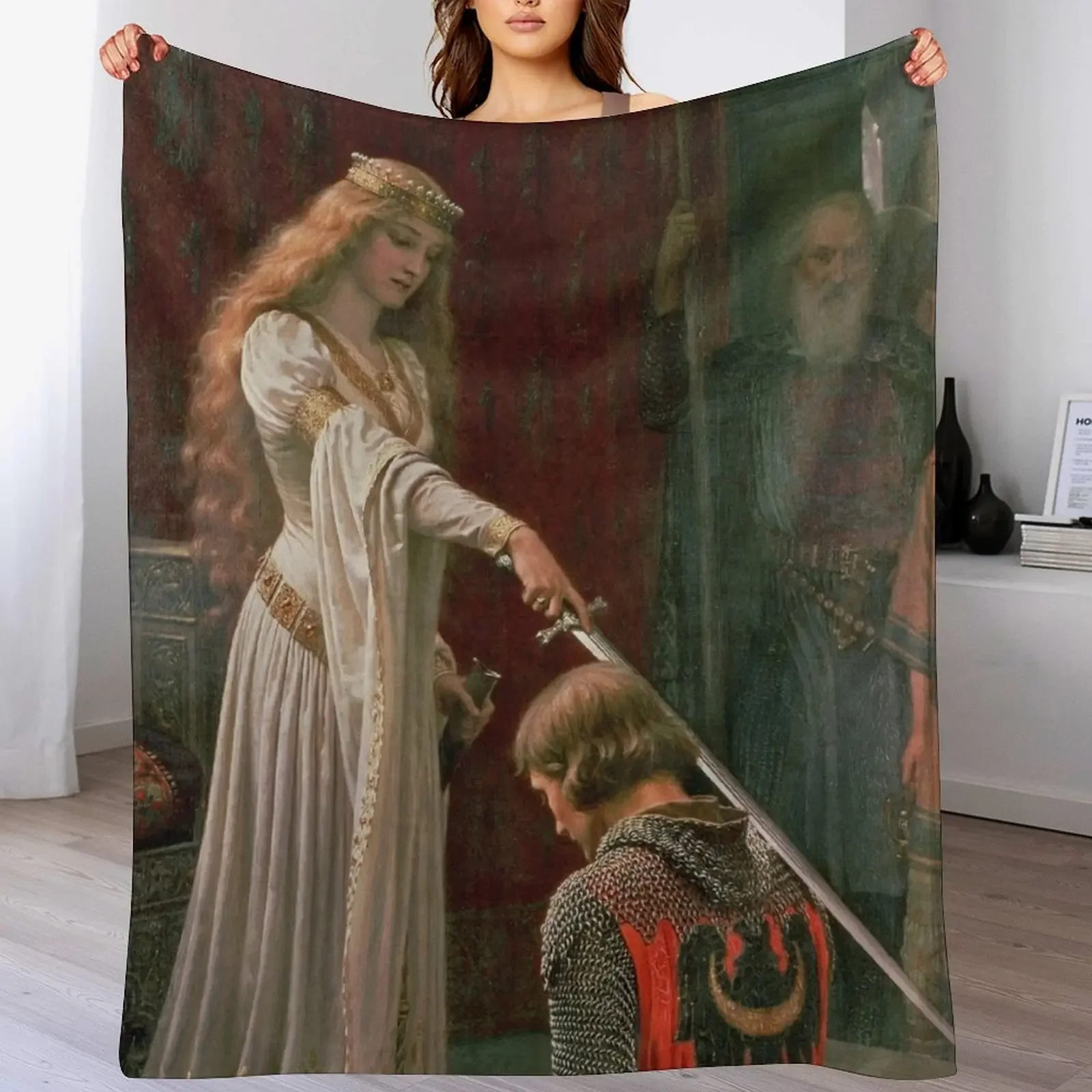 

Accolade by Edmund Blair Leighton Medieval Knight Sword and Lady Original Painting HD Throw Blanket Plaid Flannel Blankets