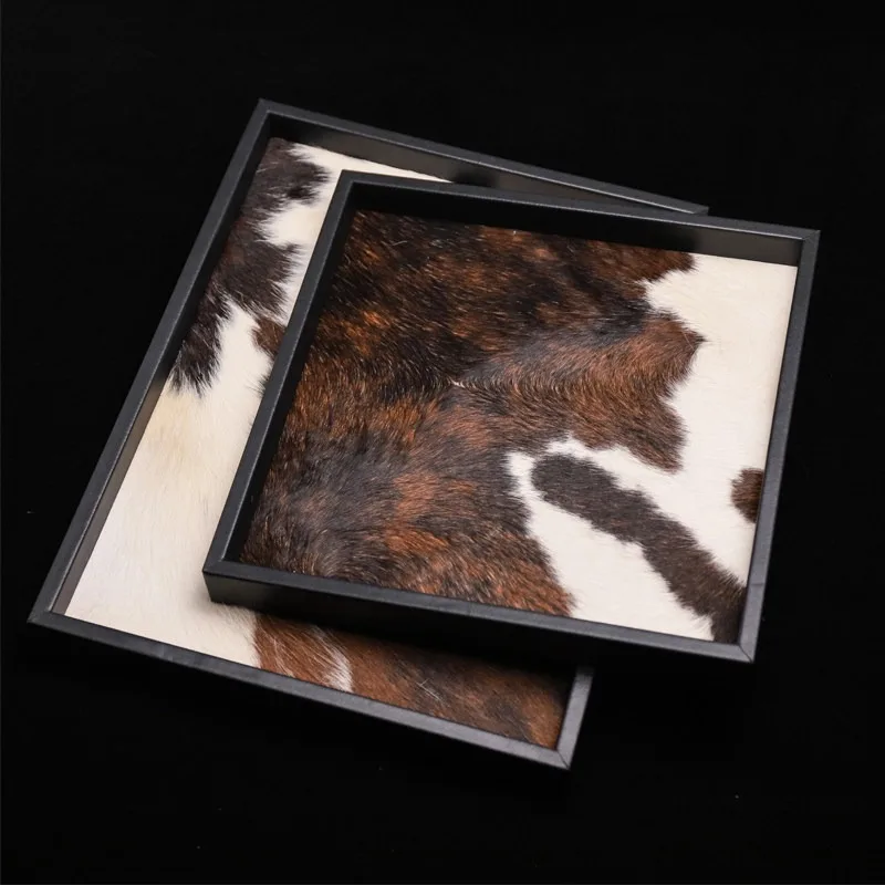 Creative black calf pattern leather real horse hair tray Wenwan jewelry storage plate home bedroom art ornament