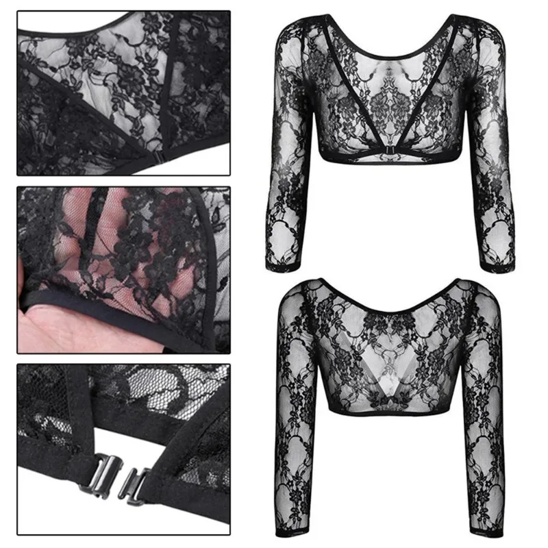 Vintage Tops Popular Women Mesh Lace See Through Crop Tops Sheer Seamless Female Smooth Shaper Shirt Shrugs Perspective