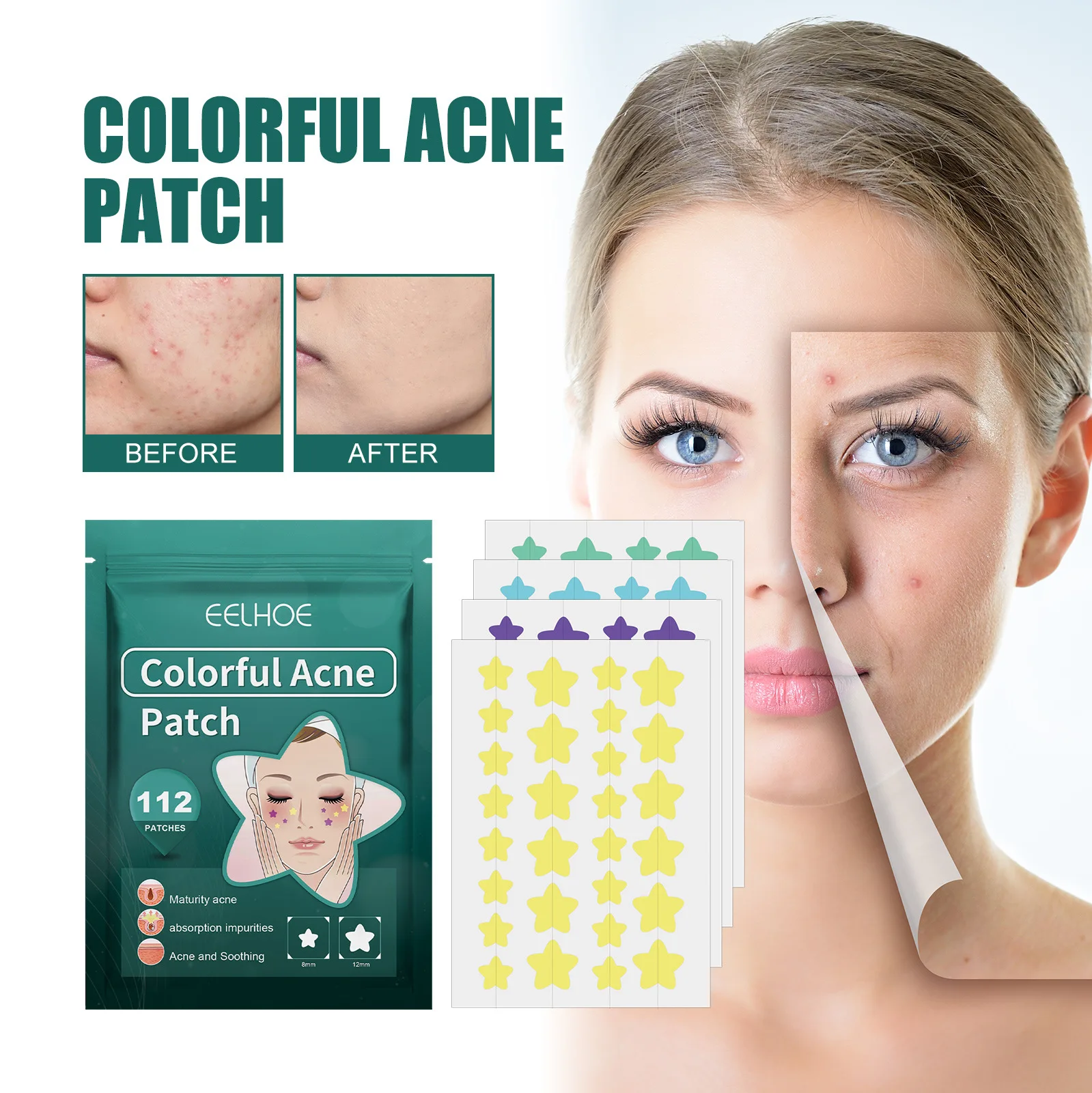 112pcs Pimple Acne Concealer Beauty Acne Tools Star Shaped Hydrocolloid Acne Patches Cute Pimple Spot Bandages for Face Healing