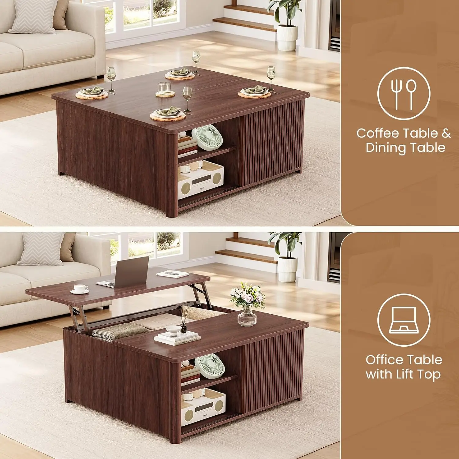 Lift Top Coffee Table, Square Storage & Adjustable Shelves, 31.5