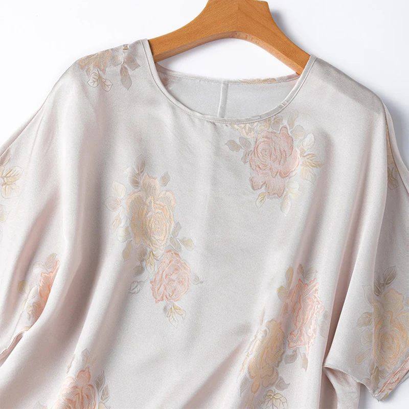 Women Silk Shirt 100% Mulberry Silk 20 Momme Light Pink Jacquard Silk Loose Type Short sleeve Top T-shirt Blouse Summer M1740
