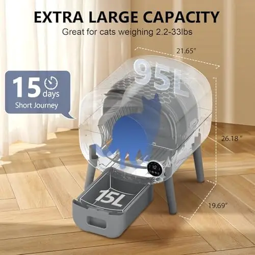 Cumrige 95 L Self-Cleaning Cat Litter Box Automatic Safety Protection App Control For Multiple Cats Includes 1 Roll Garbage Bags