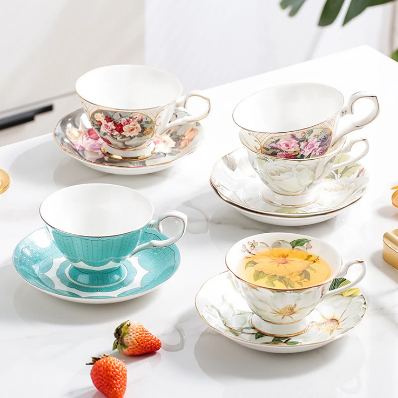 American Painted Flower Porcelain Coffee Cup and Plate High-end Ceramic Mug Bone China Afternoon Tea Cup Party Drinkware Gift