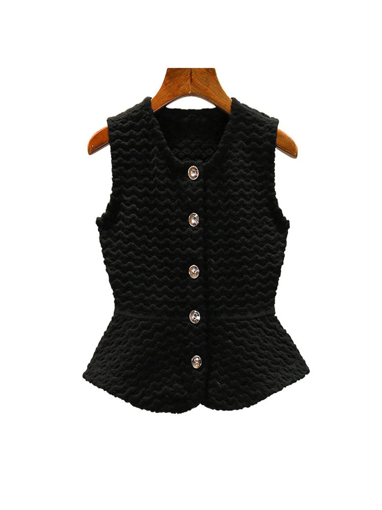 

High-End ort Bla Textured Open Cardigan Vest Women's Faion Sle Commute Polyester Fiber round Ne Single Button