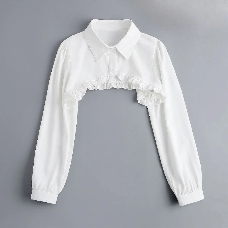 Womens Ruffle Shrugs Long Sleeves Fake Collar Lapel Button Shirt Crop Tops Shoulder Wraps Detachable Collar Punk False Collar