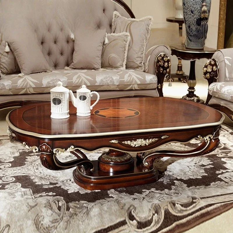 

American high-end living room furniture neoclassical solid wood carving flower coffee table, oval coffee table