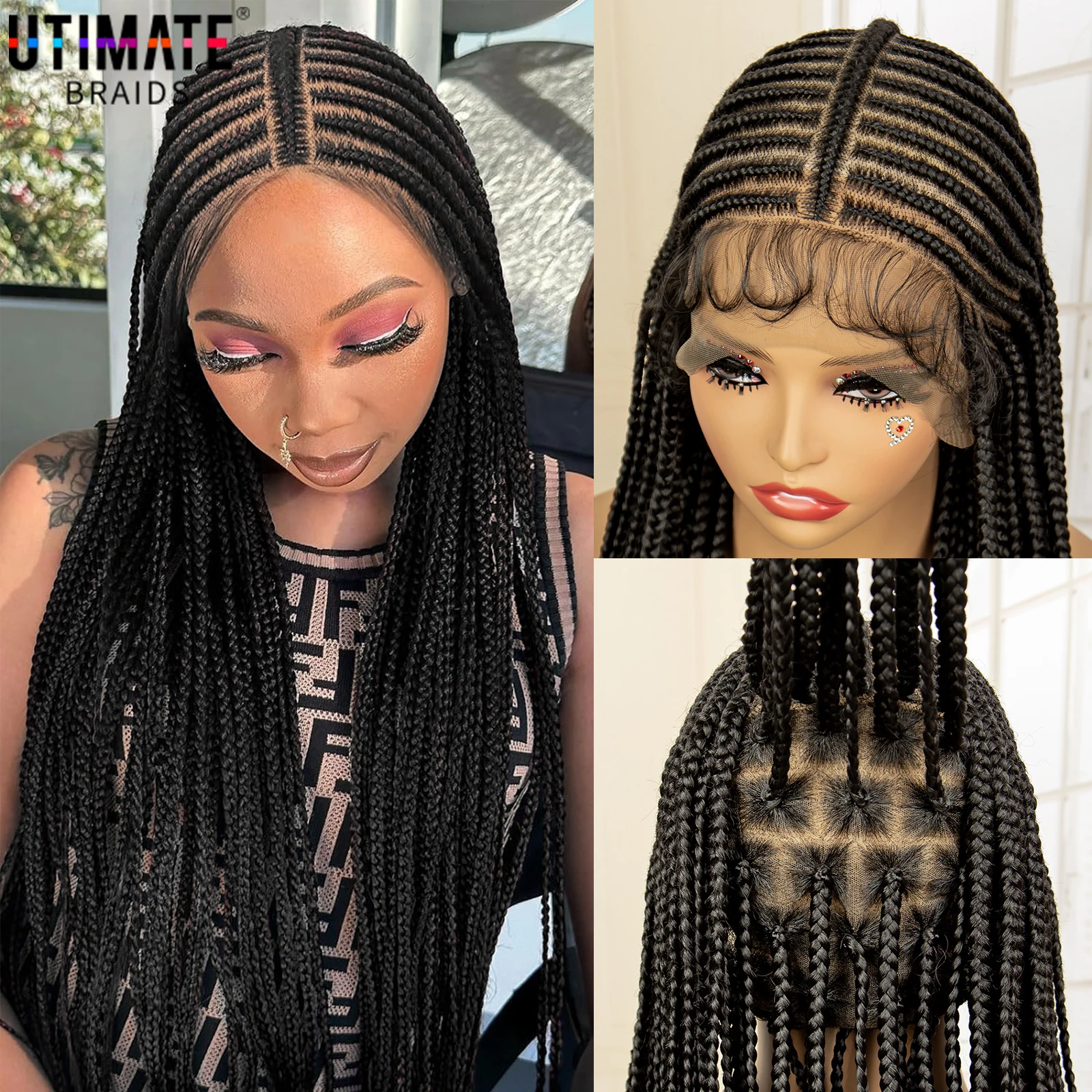 Wig kepang untuk wanita hitam penuh renda kotak Cornrow Wig kepang Wig Loc sintetis renda Wig kepang Frontal dengan rambut bayi