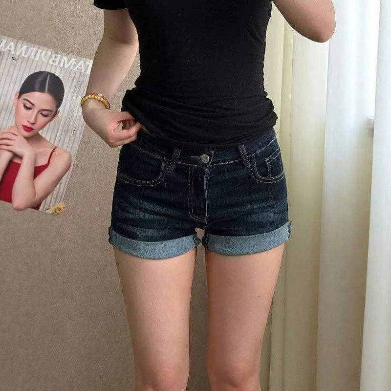 

Deep Blue High Waist Cuffed Denim Shorts Women's Summer Slimming Straight A-Line Hot Pants Sexy Girl Style Pocket Detail Cott...