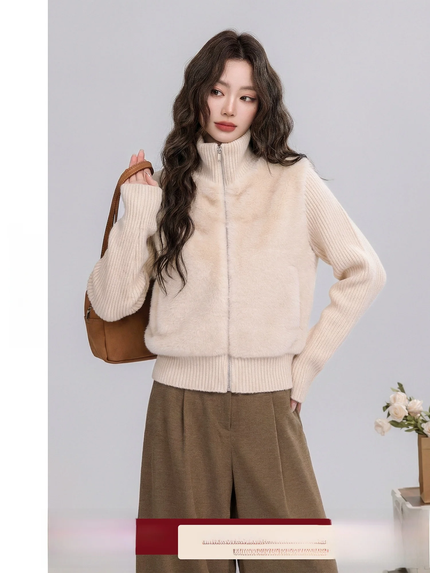 

Korean Sle High Collar Faux Fur Patchwork Sweater Women's Winter Outerwear Ele Vintage Color Long Sve Cardigan