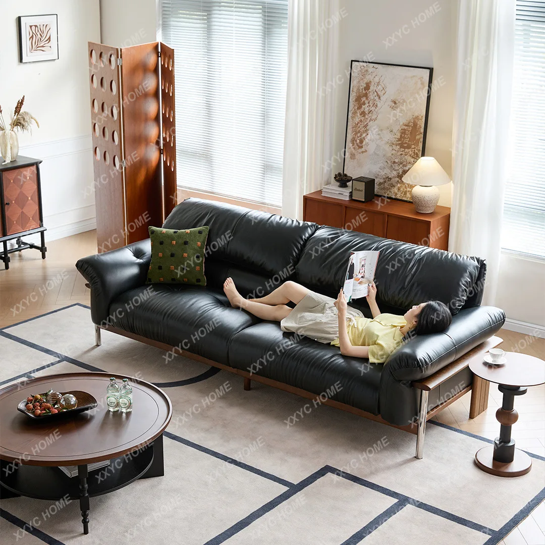 HH Walnut leather  retro medieval style all green leather black living room small apartment straight sofa