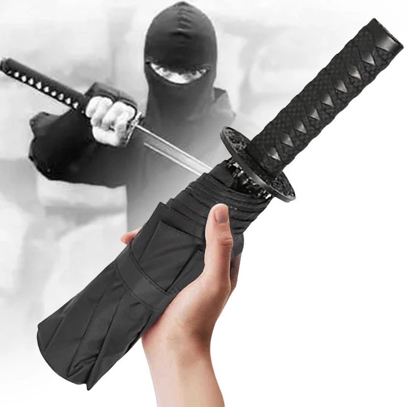 Japanese Ninja Katana Umbrella Folding Windproof UV Block Black Parasol Creative Demon Slayer Samurai Katana Sword Umbrella Gift