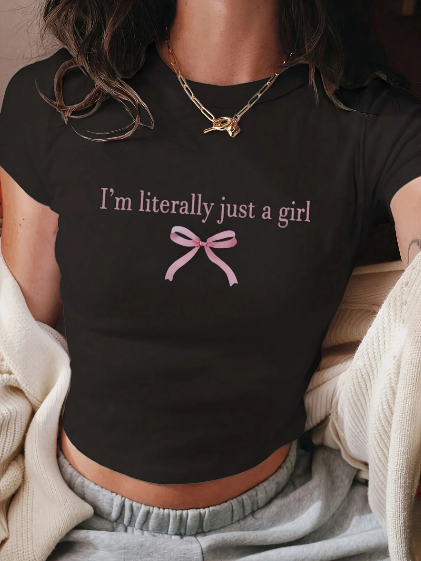 I'm literally just a girl Pattern Print T-shirts Women Summer Vintage Casual Sports Short Sleeve Round Neck Pullover Skinny Top