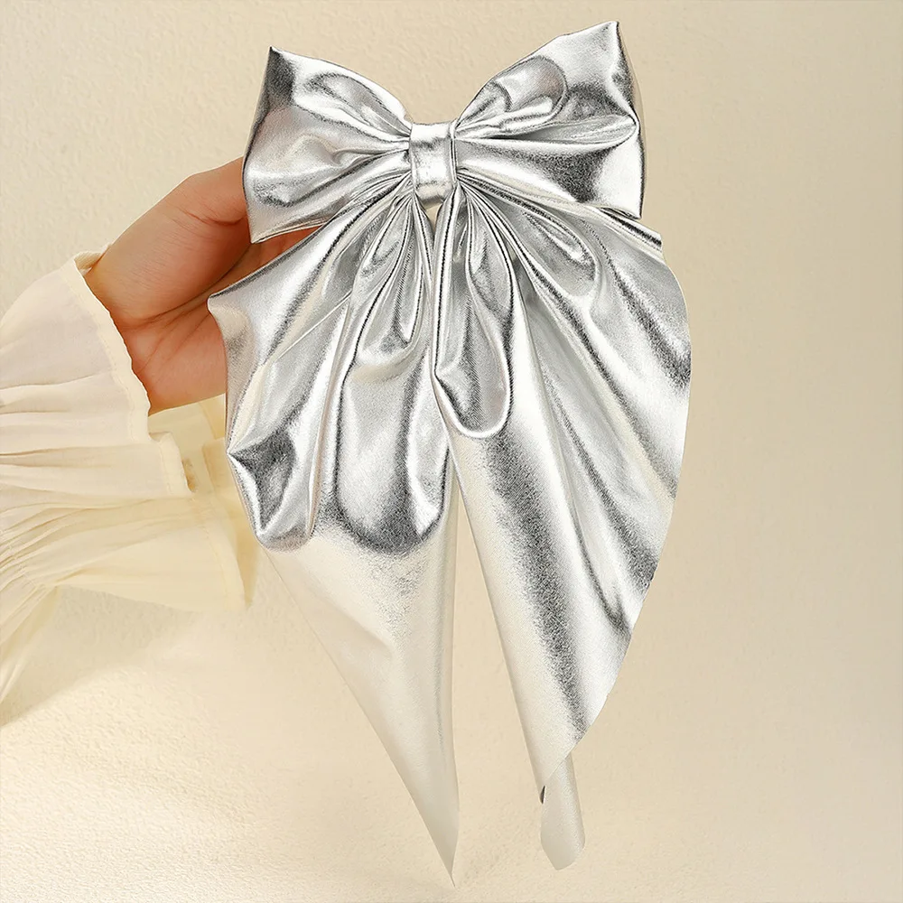 1pc Gold Silver Patent Leather Bow Hair Claw Long Ribbon Spring Clip Back of Head Ponytail Holder for Women Elegant