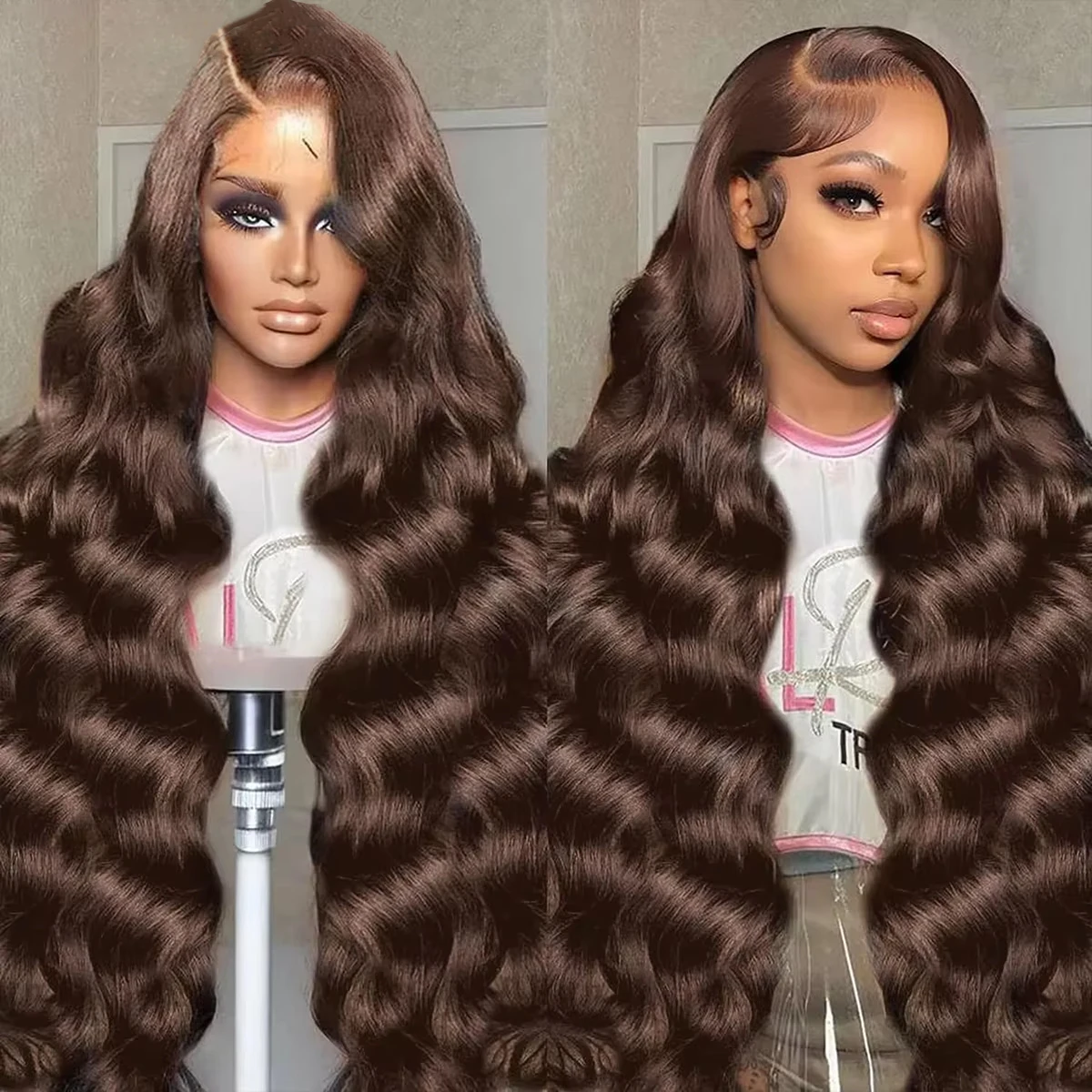 

#4 Chocolate Brown Body Wave 13x4 HD Lace Full Frontal Wig 13x6 lace Front Colored 30 46 Inch Human Hair Wigs For Black Women