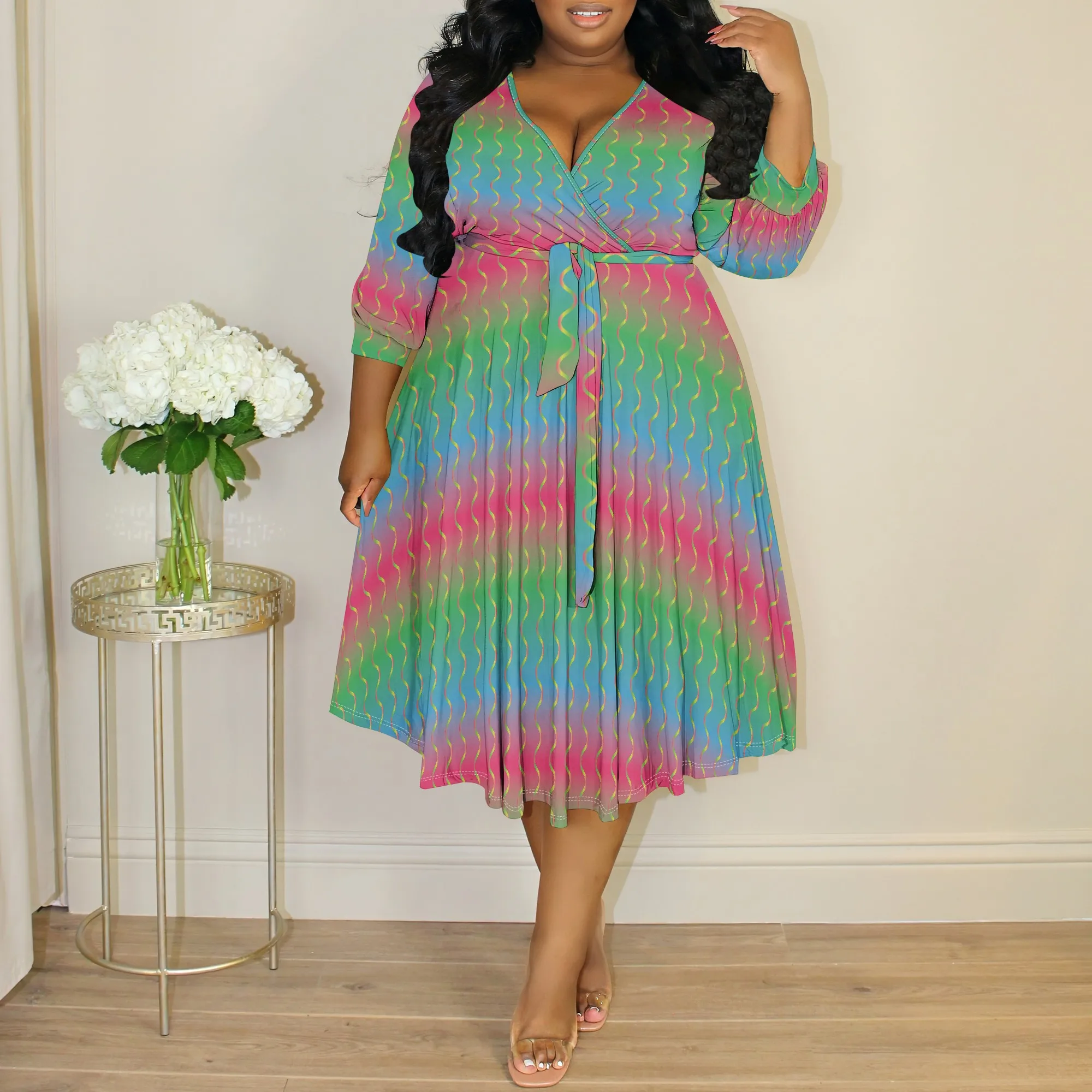 

Plus Size Women's Rainbow Wrap Dress, V-Neck 3/4 Sleeve Pleated Midi Dress for Party & Wedding Guest Wear XL-6XL