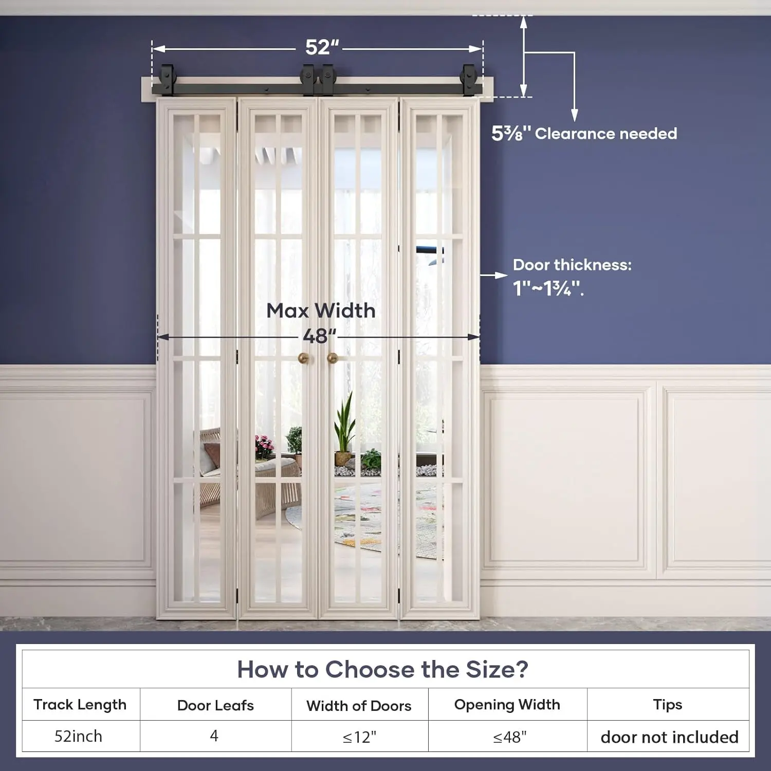 52'' Bi-Folding Sliding Barn door Hardware Track Kit for FOUR 12''Closet Doors,Top Mount System,Heavy Duty Roller,Smoothly