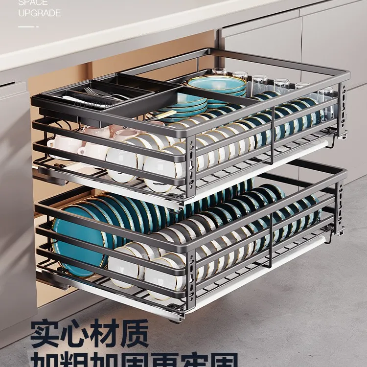 

Double-layer pull basket kitchen cabinet kitchen cabinet cupboard drawer type dishes blue 304 stainless steel inner pull bowl ra