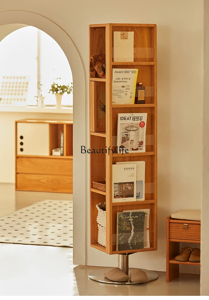 

Rotating Wardrobe with Dressing Mirror Japanese-Style Cherrywood Full-Body Floor Magazine Bookshelf Corner Cabinet