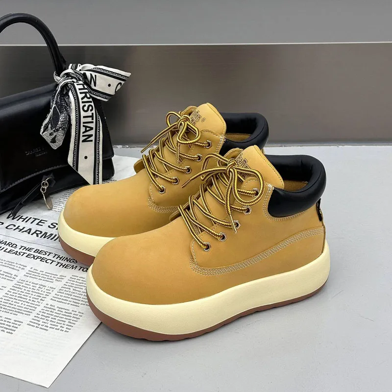

Fashion Cute Yellow Big Head Women's boots genuine leather Lace up platform Boots casual Outdoor Round Toe Bread Shoes