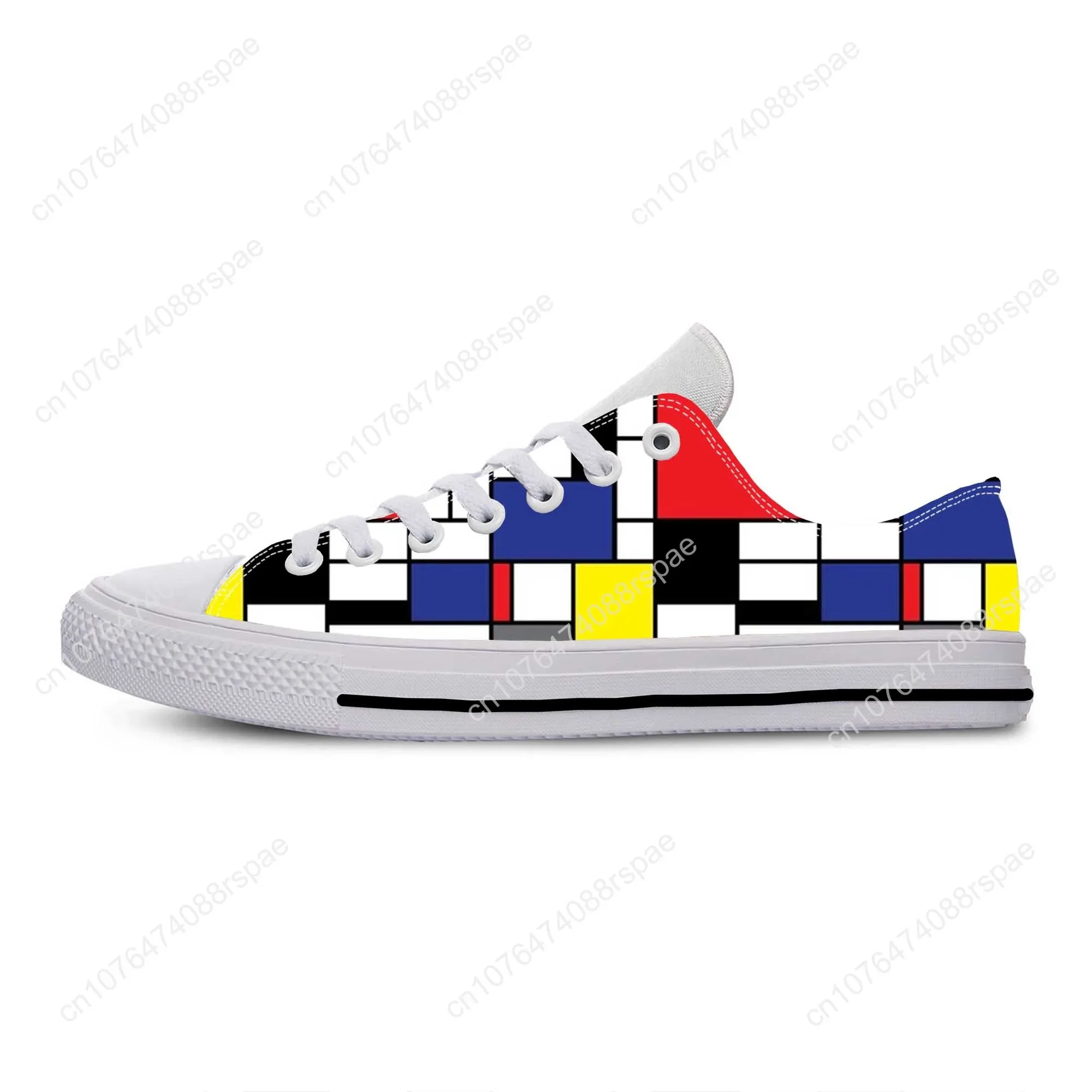 Mondrian Abstract Geometric Pattern Painting Sneakers para homens e mulheres, Low Top, Confortável, Respirável, Impressão 3D, Sapatos de pano casuais