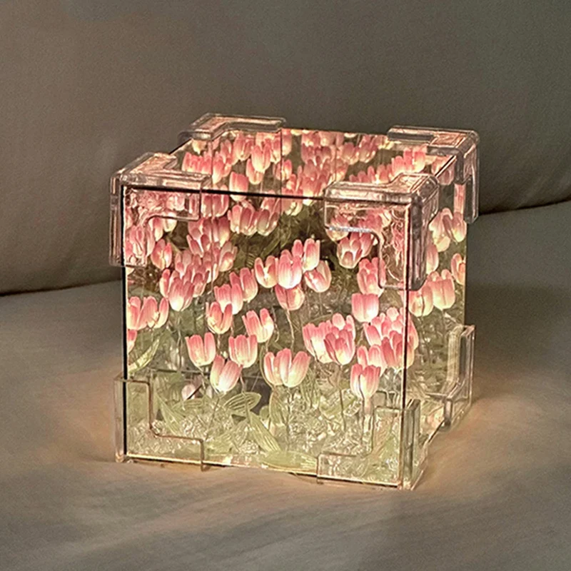 DIY ทิวลิปกระจก Cube โคมไฟจําลองดอกไม้ห้องนอน Sleeping ตาราง Handmade TULIP ขนาดเล็ก Night Light Gift-AT64