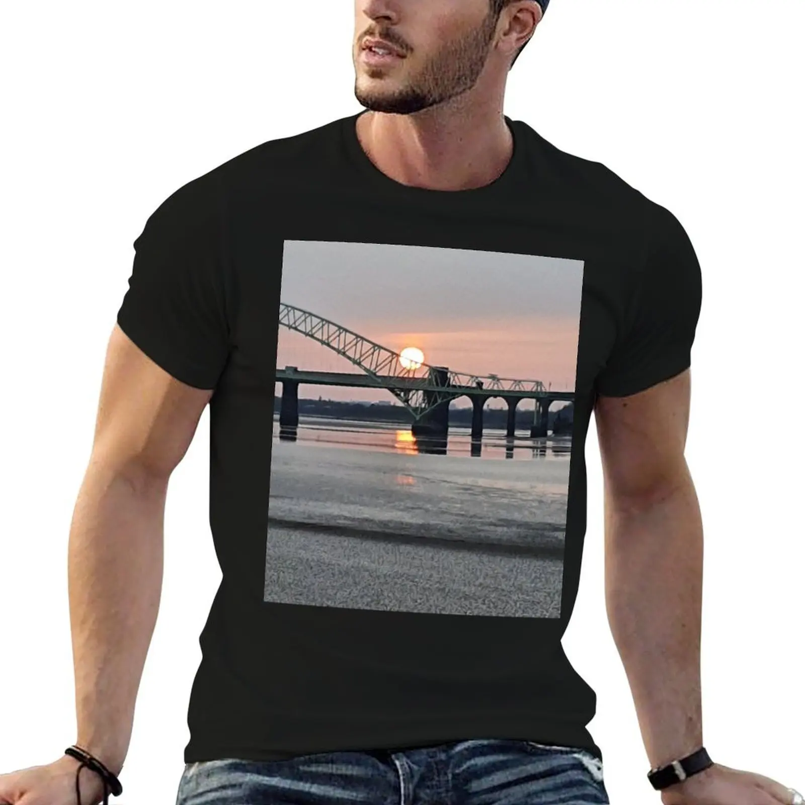 

Runcorn Bridge - Sunset Silhouette - The Silver Jubilee Bridge - Wigg Island T-Shirt t shirts for man graphic funny T-Shirt
