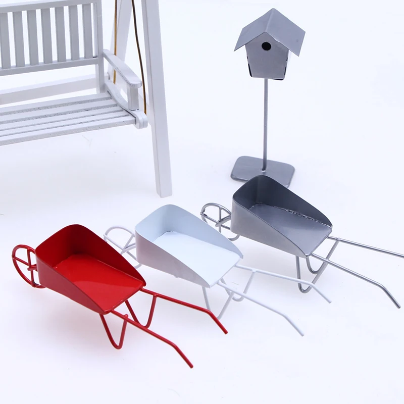 1/12 Dollhouse Mini Metal Wheelbarrow Dollhouse Fairy Garden Furniture Accessories Dolls House Farming Tool Decoration