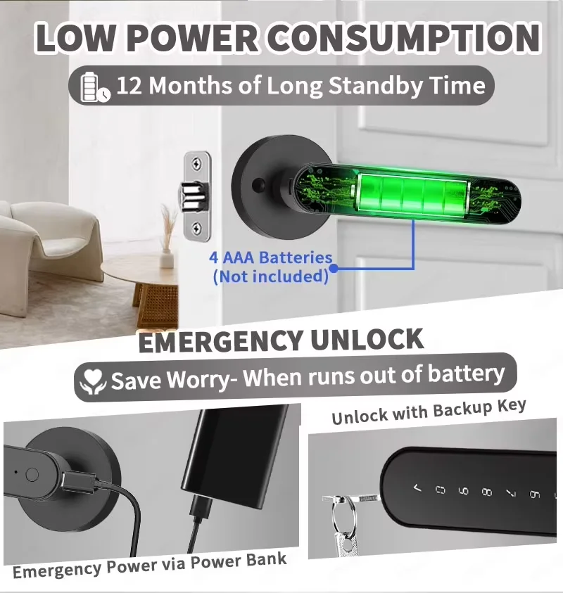 TTLock Smart Digital Door Lock, 5 Ways Keyless Entry: Fingerprint, Anti-Peep Virtual Password, RFID IC Card, Bluetooth APP Remote Unlock & Mechanical Key, 12 Months Long Standby Security Lock for Home, Apartment, Airbnb, Hotel Office - view 4
