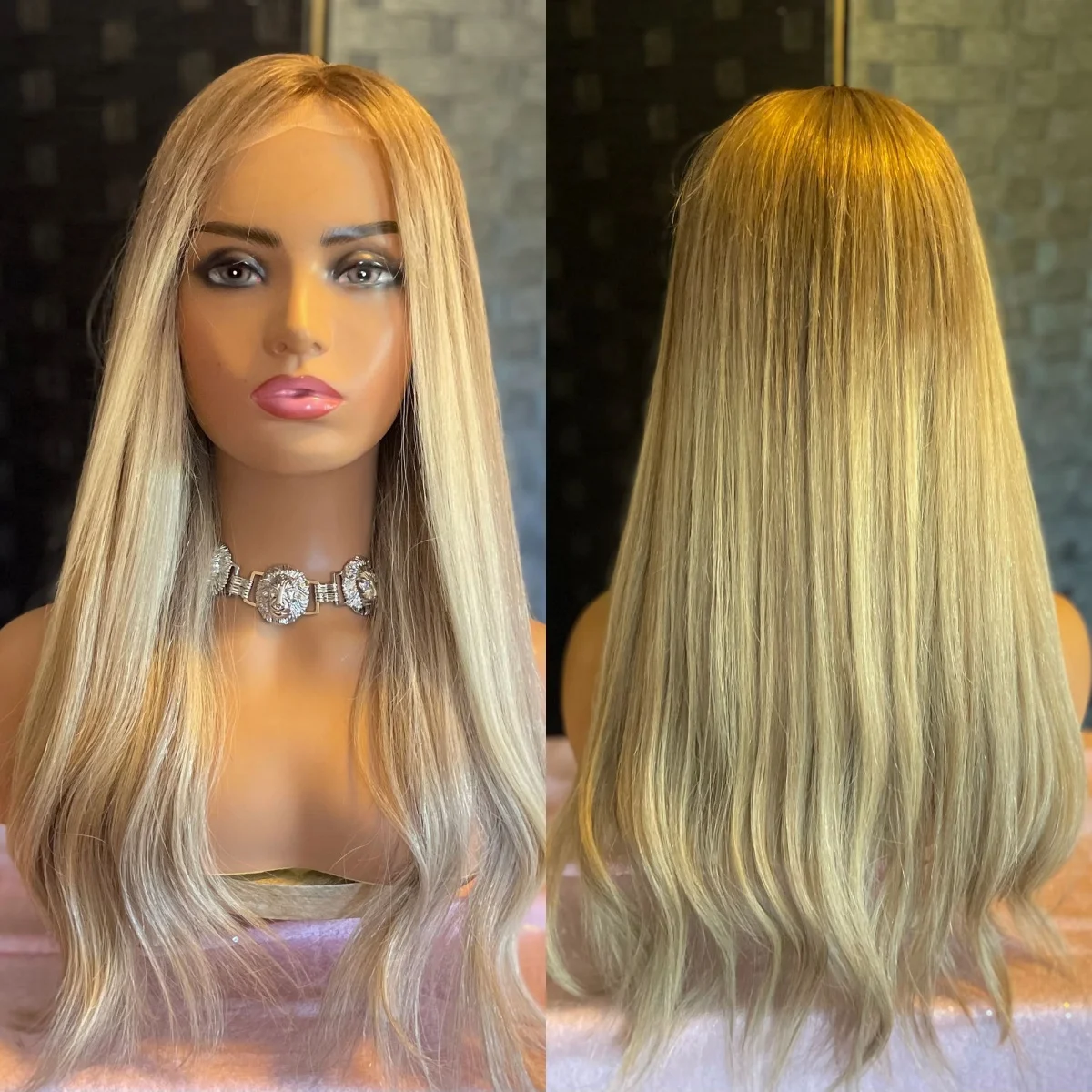 Pronto per la spedizione Parrucca lunga in pizzo sintetico a onde naturali Parrucca bionda chiara con evidenziazione per le donne Fibra resistente al calore rimbalzante per uso quotidiano