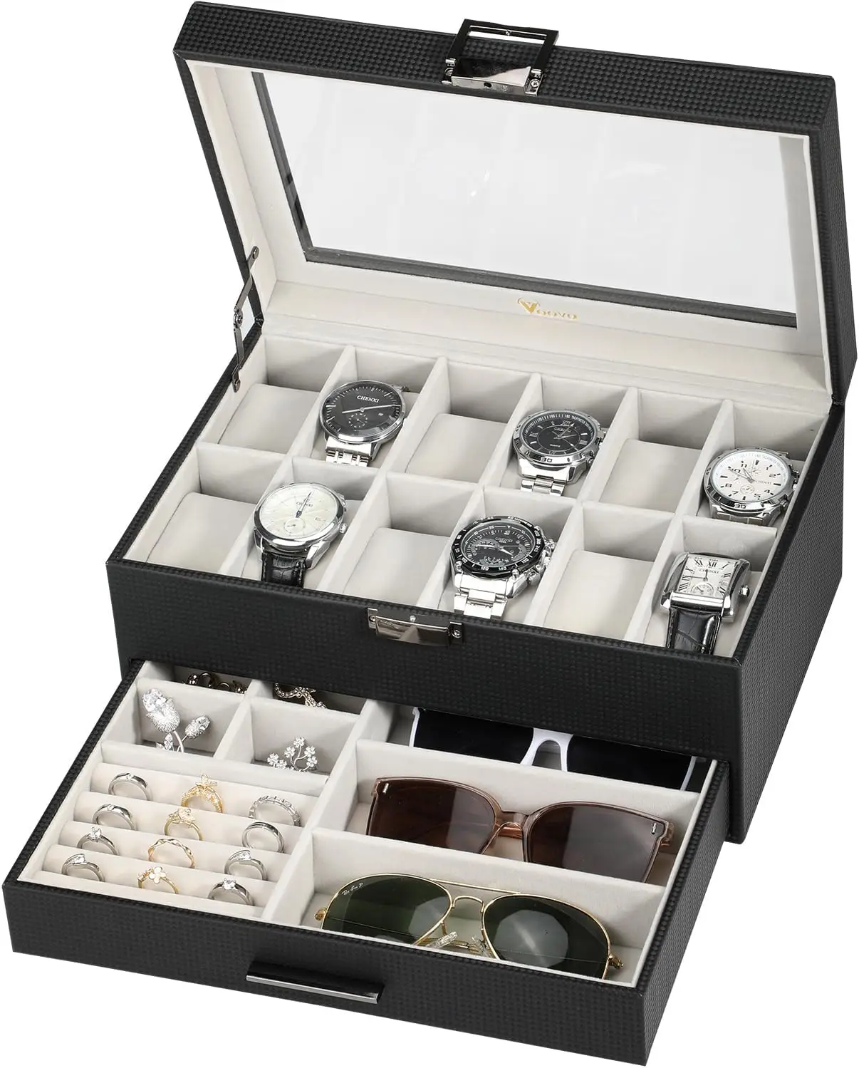

2-Layer Leather Watch & Jewelry Storage Case with Glass Top, 12 Slots for Watches, Sunglasses, Rings, Necklaces Bracelets