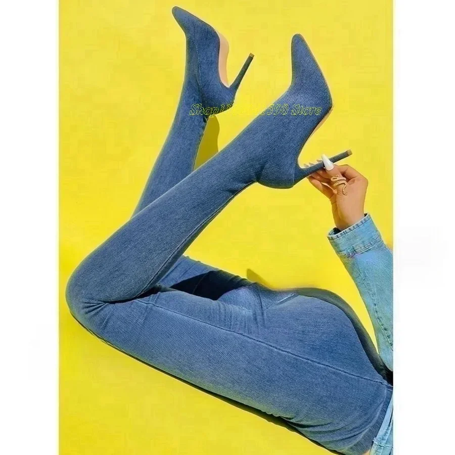 

Blue Denim Slim Trouser Pointy Boots Stilettos High Heel Women Shoes Slip On Pointed Toe Casual Occidental Style Women Boots