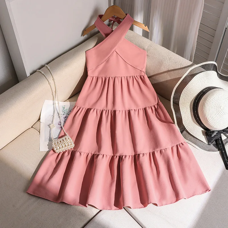 Girls' skirt, spring and summer new style, solid color, cross hanging neck, off shoulder, big swing, sweet princess skirt