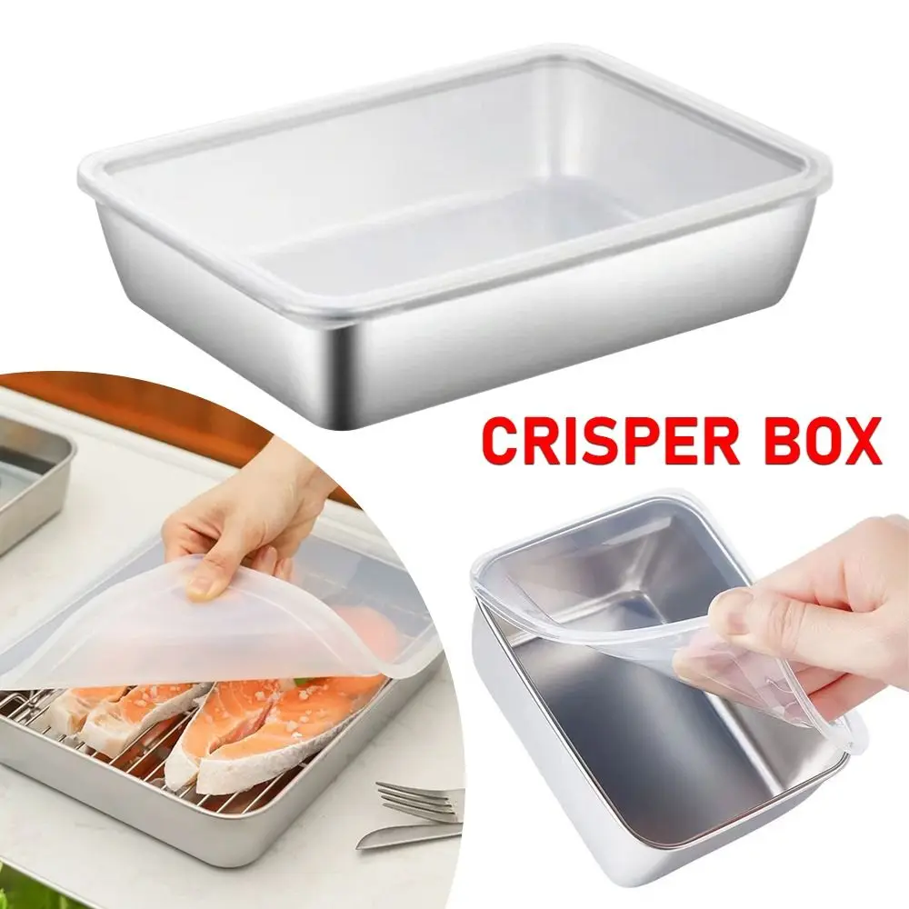 

1Pcs Stainless Steel Crisper Box Rectangular with Lid Sorting Food Organizer Refrigerator Frozen S/M/L Storage Box Kitchen