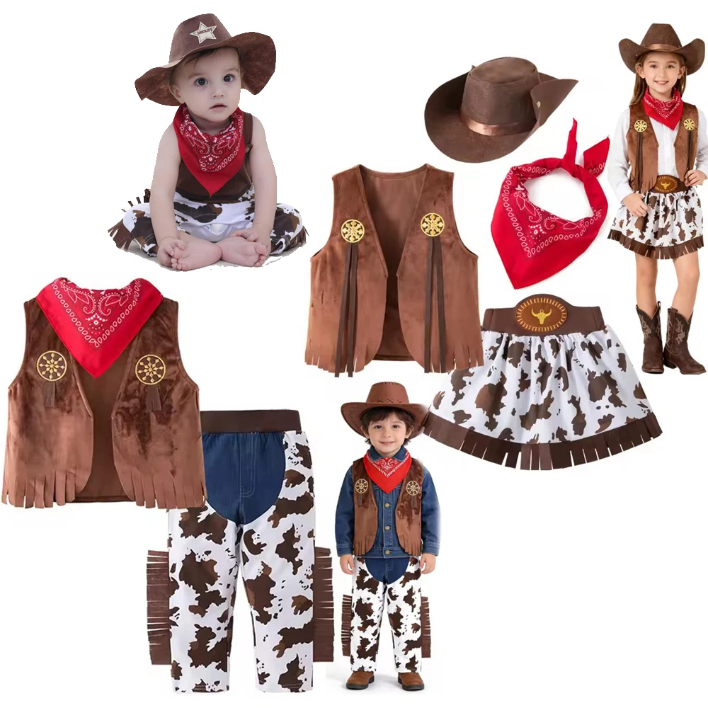

Cowboy Costume for Girls Purim Halloween Children Cowgirl Cosplay Vest Skirt Holiday Party Dress Carnival Birthday Clothes