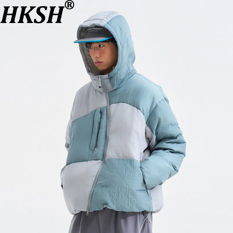 

HKSH Hooded Down Jackets Irregular Zipper Color Block Winter New Men Tide Trendy Women Casual Sports Outdoor Padded Coat HK17046