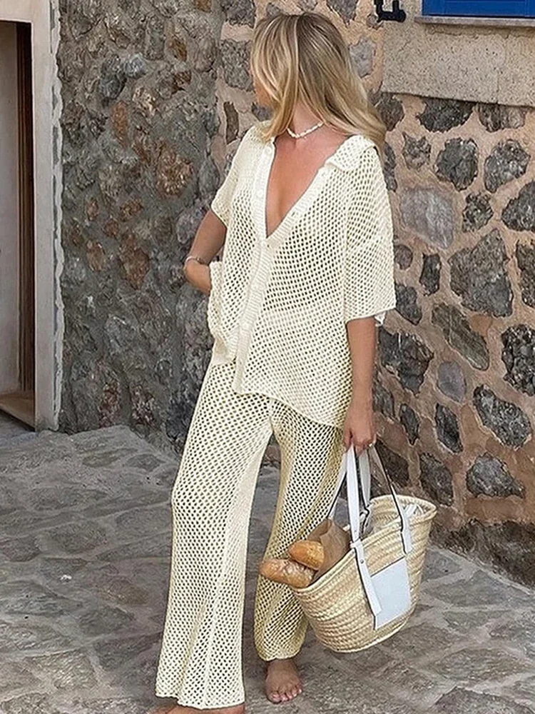 New Two-piece Bikini Cover-Ups Women Pants Sets Beach Cover Up Hollow Out Short Sleeve Summer 2025 Fashion Female Beachwear