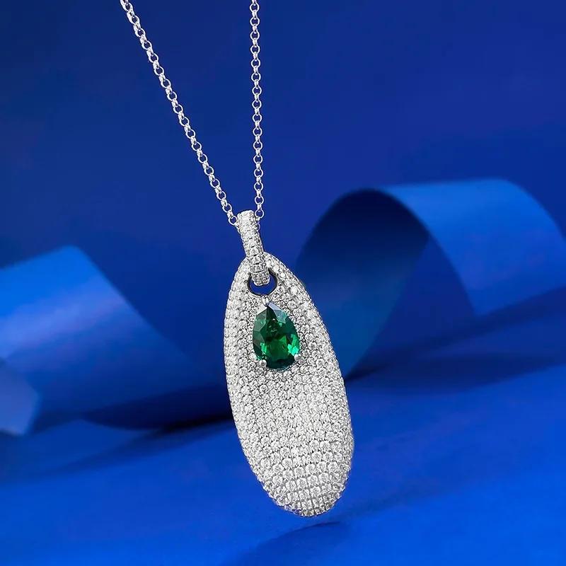 SpringQiaoer Vintage 925 Sterling Silver 6*9 MM Pear Cut Emerald High Carbon Diamond Gems Pendant Necklace Fine Jewelry