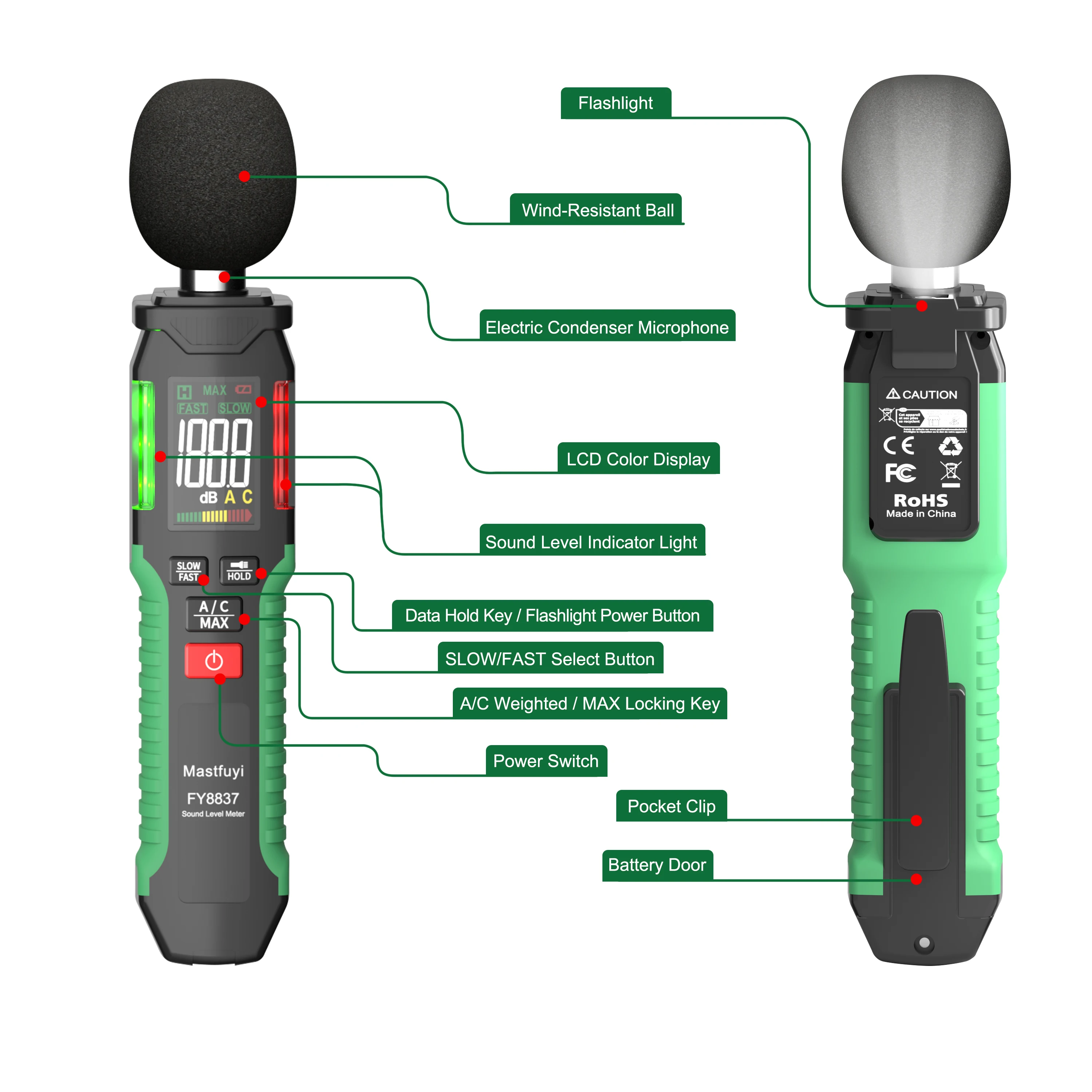 MASTFUYI FY8837 Digital Sound Level Meter Noise Tester A/C-Weighted 30-130dB Sound Detector Portable Noise Meter Audio Meter