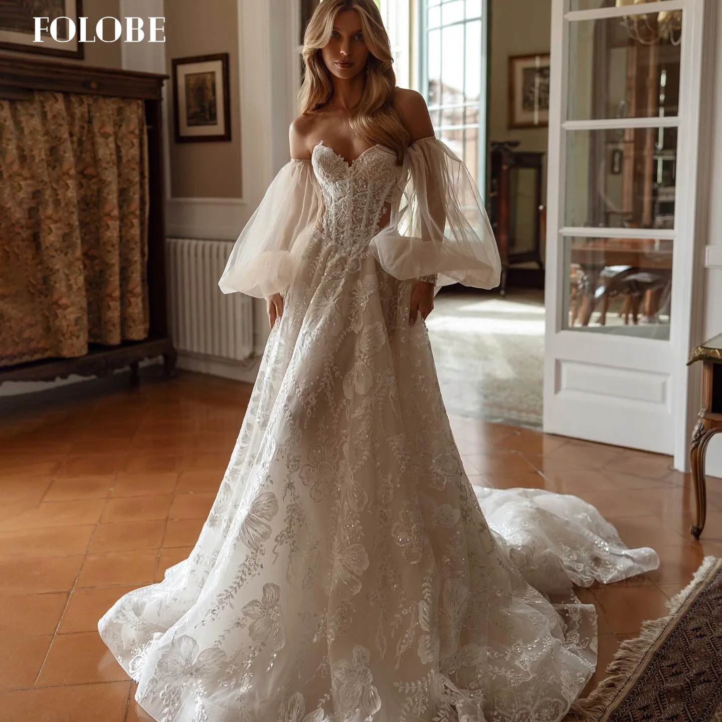 FOLOBE manches bouffantes blanc élégant a-ligne dubaï robes de soirée avec chérie robes de mariée robe de bal personnalisé