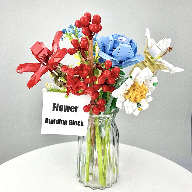 

Mini Building Blocks Simulation Flower Chrysanthemum Rose Tulip Bouquet Potted Model Decorative Brick Children's Toy Girl Gift