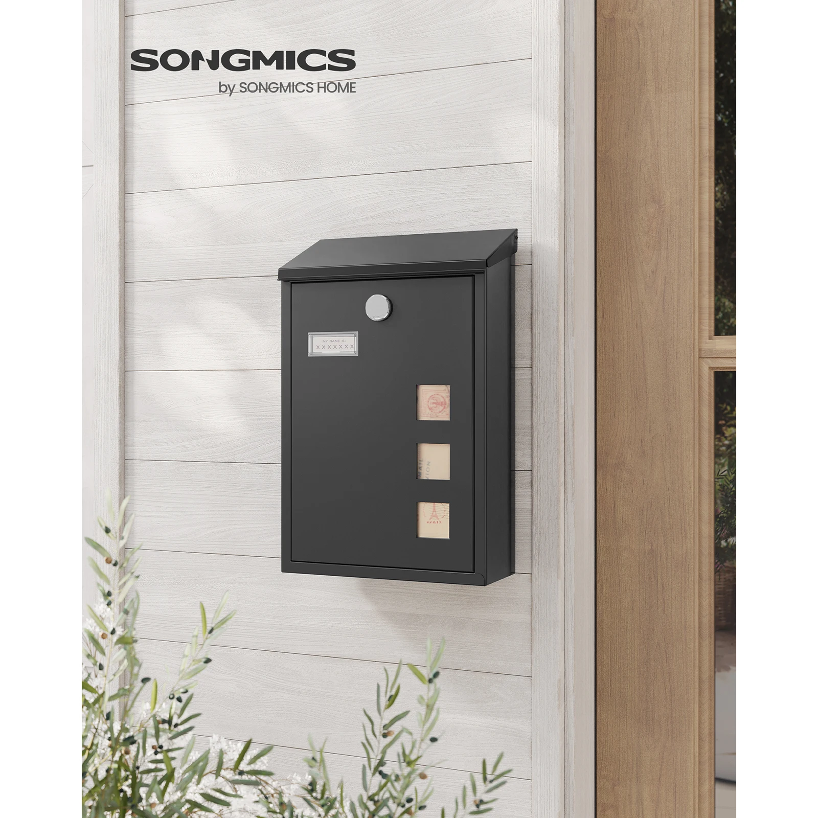 SONGMICS-صندوق بريد أسود مع نوافذ عرض ، مثبت على الحائط ، لوحة اسم ، قفل نحاسي أساسي ، سهل التركيب ، حديث
