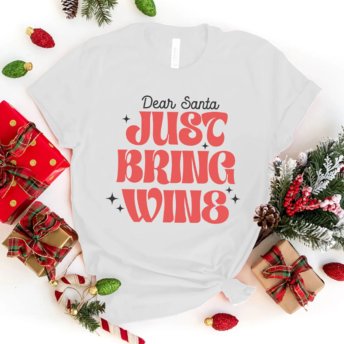 New Christmas Dear Santa Just Bring Wine Print T Shirt Women Men Short Sleeve Tops Tees Fashion Loose Casual T-Shirt