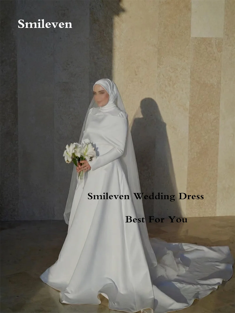 Smileven White Satin Cape Muslim Wedding Dresses High Neck Long Sleeve Hijab Bridal Dress A‑Line Chapel Train Gowns Customized