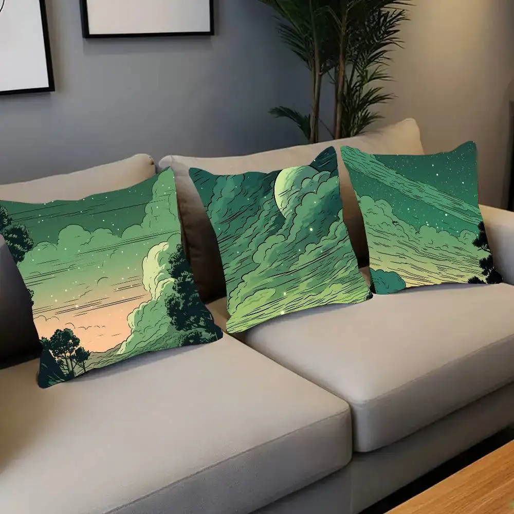 Green Scenery Clouds Pillow Case Fashion Square Pillowcase Bedroom Sofa Room Ins Decoration Leisure