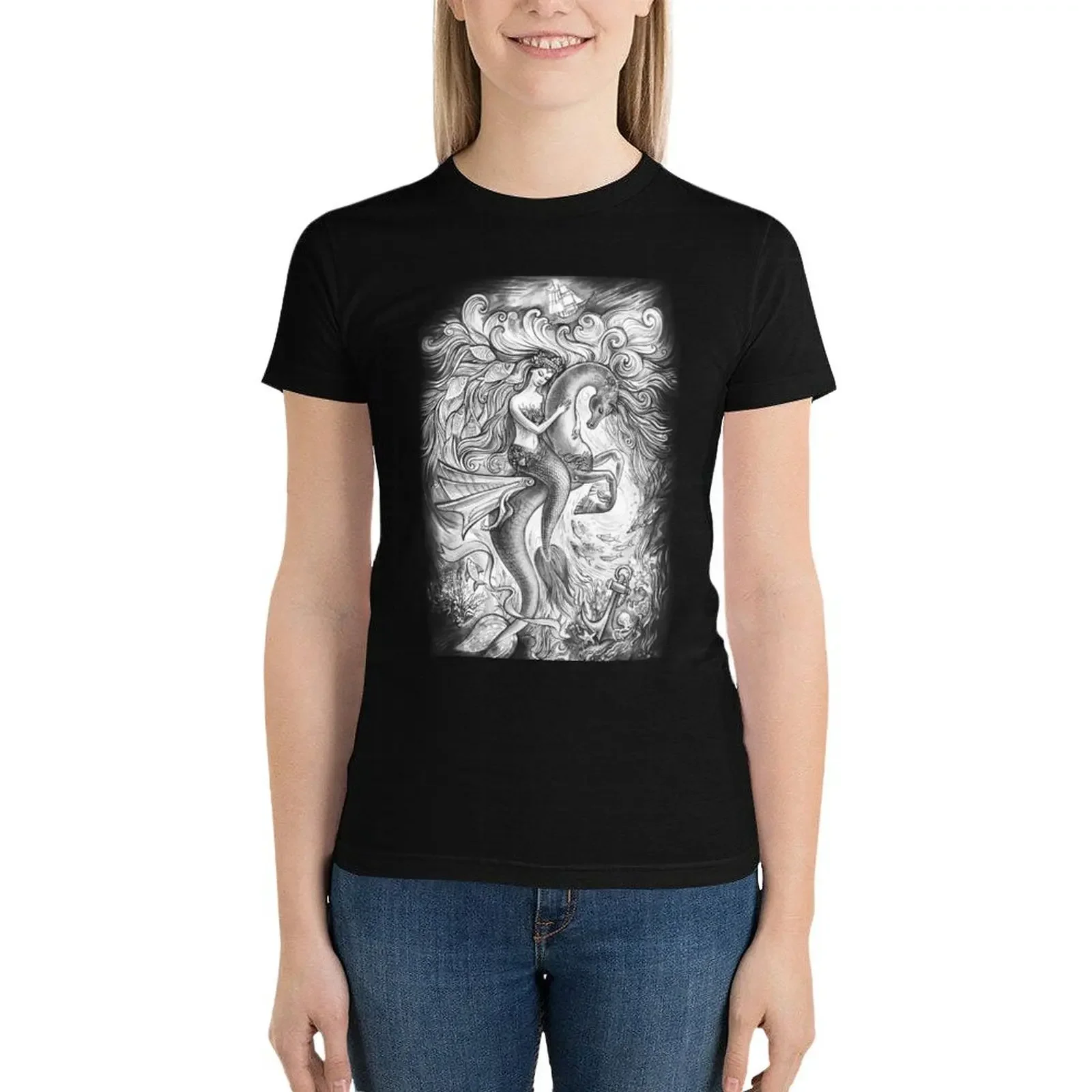 Mermaid riding an hippocampus. T-Shirt animal print shirt for girls oversized Summer Women's clothing