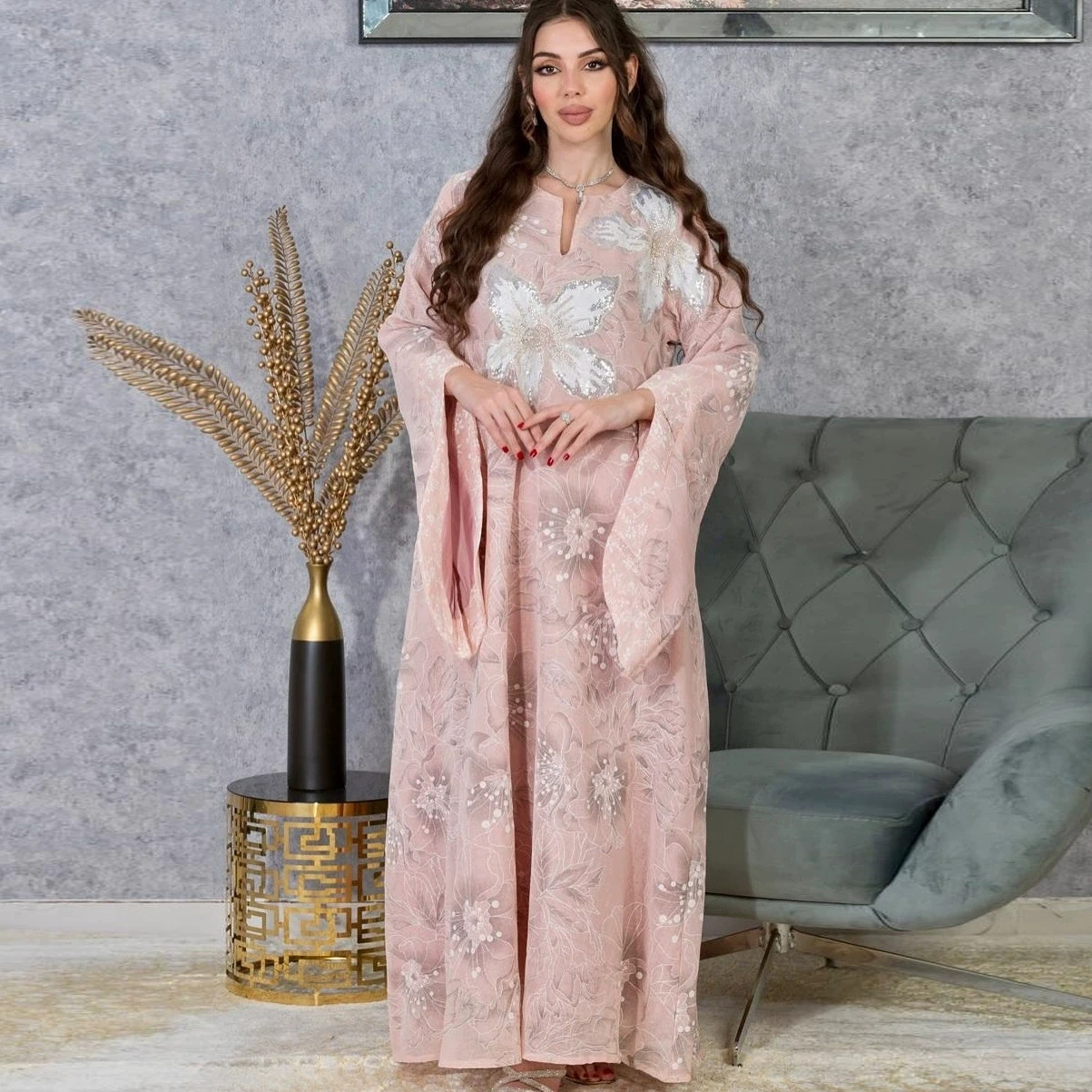 Ramadan islâmico médio oriente dubai fio bordado, lantejoulas bordadas, novo vestido de moda high end bordado jalabiya