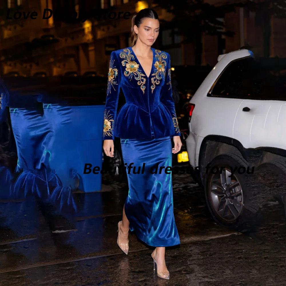 Customized Blue Two Piece Mother Of Bride Dresses  Gold Floral Embroidered Peplum Jacket Satin Midi Skirt Wedding Formal Dress