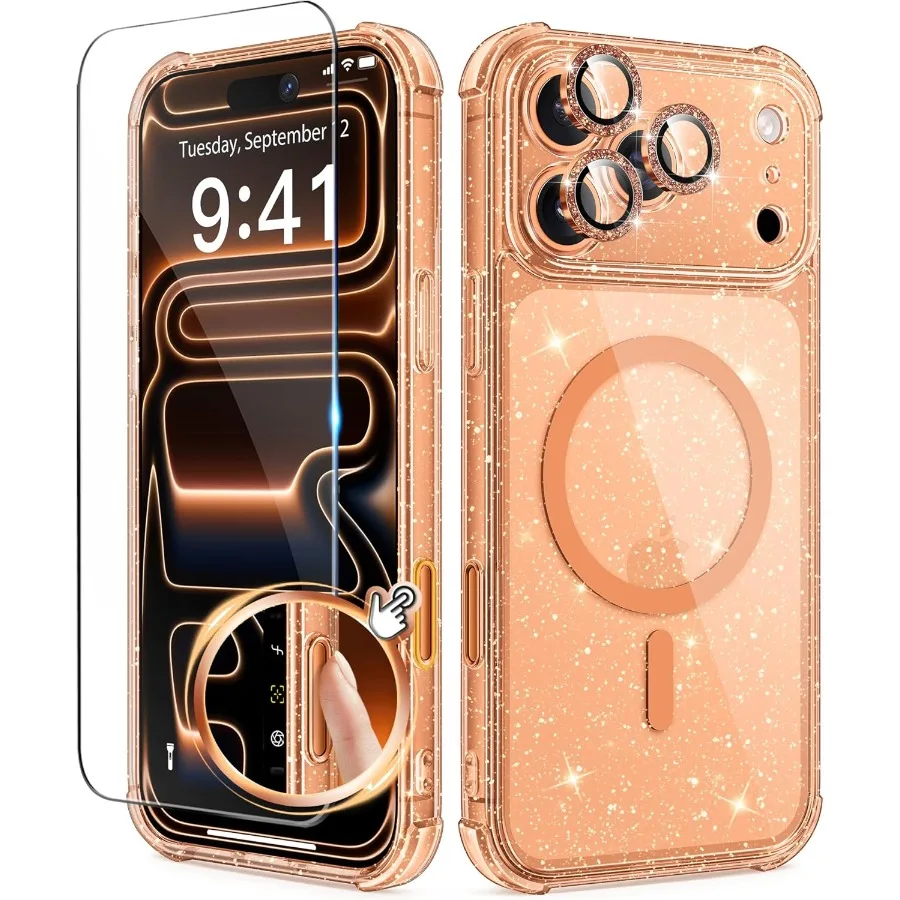 Sparkle oranje helder glitter schokbestendig beschermhoesje voor iPhone 17 Pro dames compatibel met MagSafe anti-vergeling ontwerp