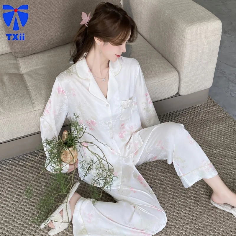 Pijamas con estampado Floral para mujer, ropa de casa de nuevo estilo, traje de seda de hielo de manga larga, ropa de lujo y Noble para el hogar, primavera y otoño